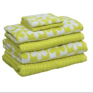 Kapoor Home 6-Piece Bath Towel Set Yellow & White Daisy & Solid Cotton Quick Dry